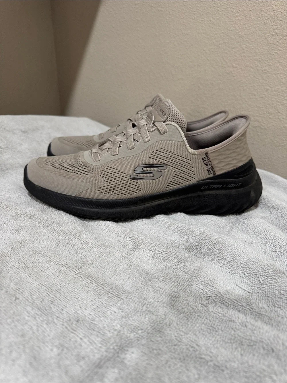 Skechers Men's Taupe Mesh Sneakers with Black Sole